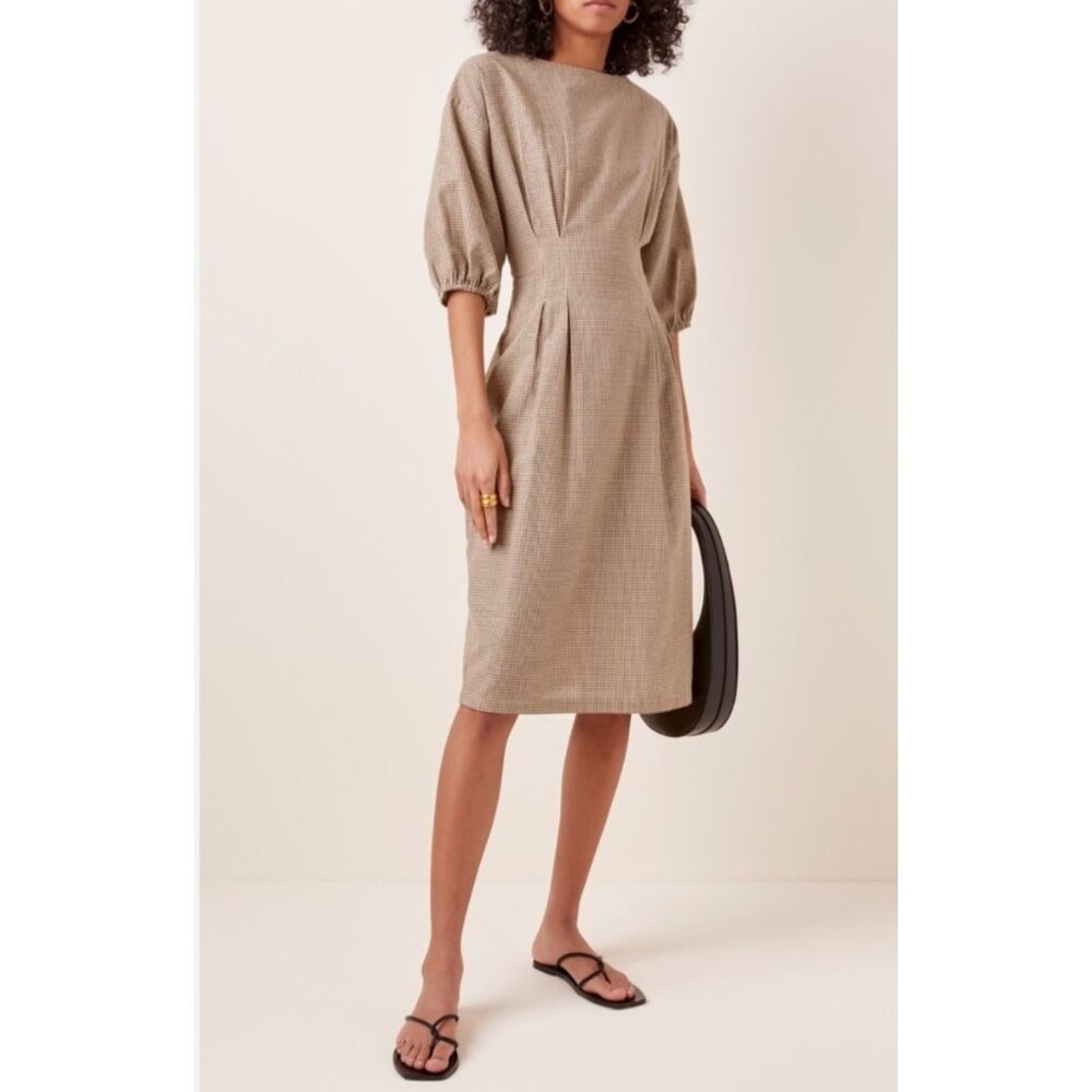 St. Agni Womens Sz Medium Linen Midi Forme Dress Brown Checkered Cotton